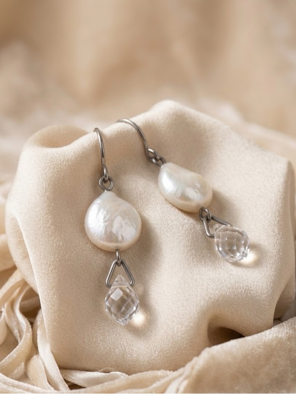 Handmade Vintage Freshwater Pearl Drop Earrings with Crystal Dangles
